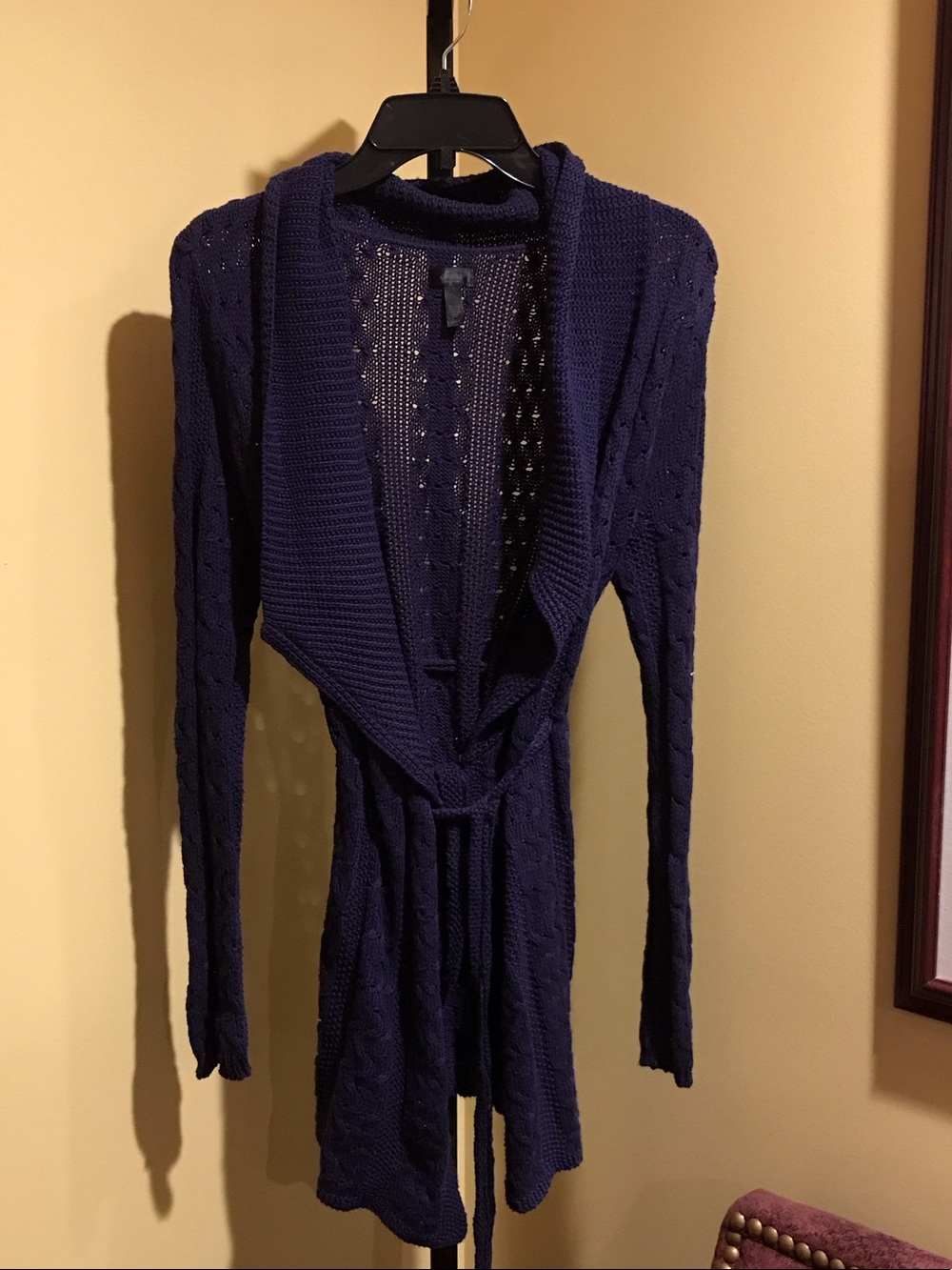Soma Navy Open-Front Cable Knit Tie-Waist Cardigan